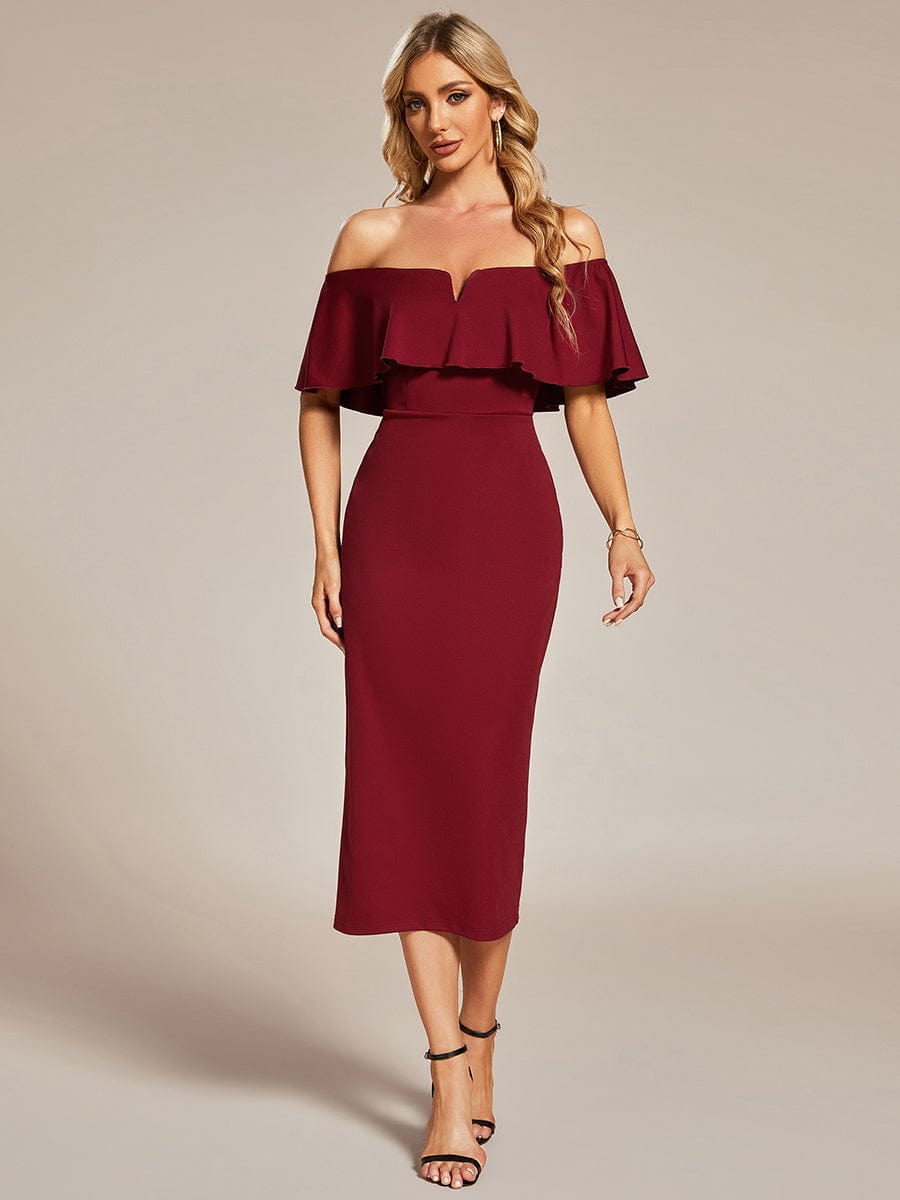 Bodycon Off The Shoulder Ruffles Sleeve Wedding Guest Dress - Ever-Pretty US