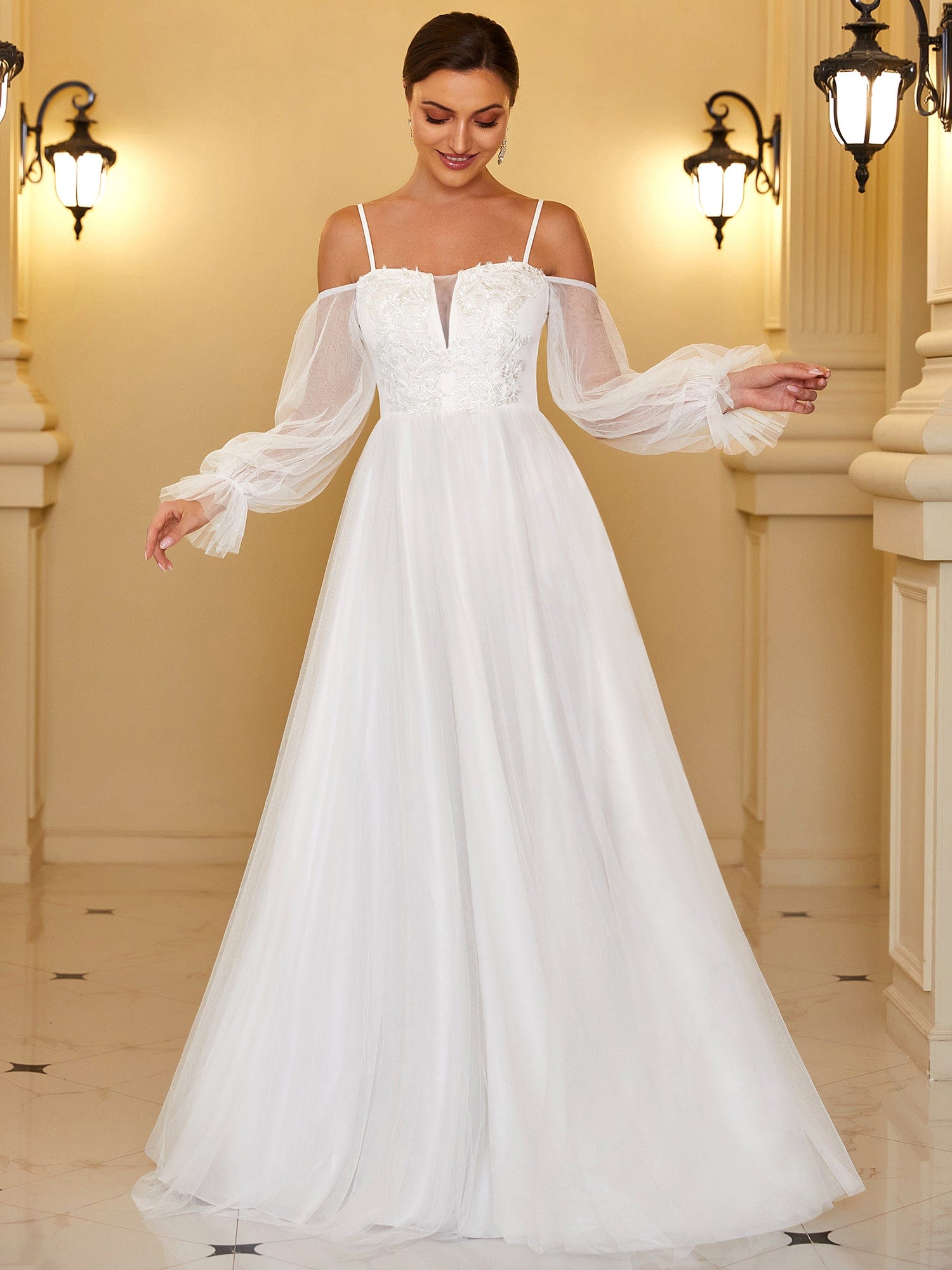 Boho Chic Cold Shoulder Lantern Sleeve Wedding Dress #color_Cream 