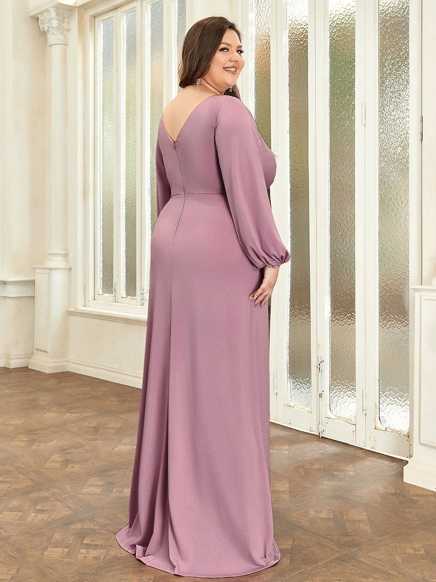 Plus Size Lantern Sleeve V-Neck Floor-Length Mother of the Bride Dress #color_Purple Orchid 