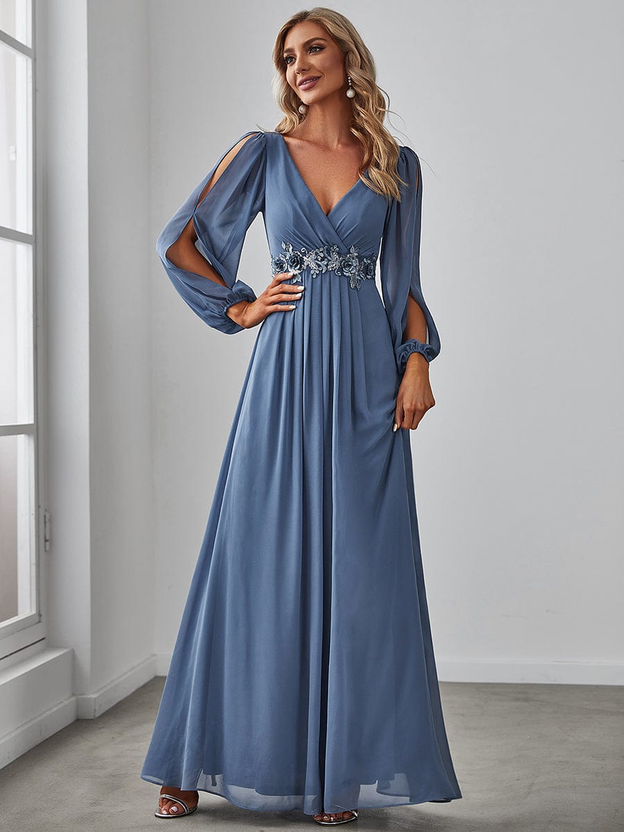 Elegant Chiffon V-Neckline Long Sleeve Formal Evening Dress #color_Dusty Navy