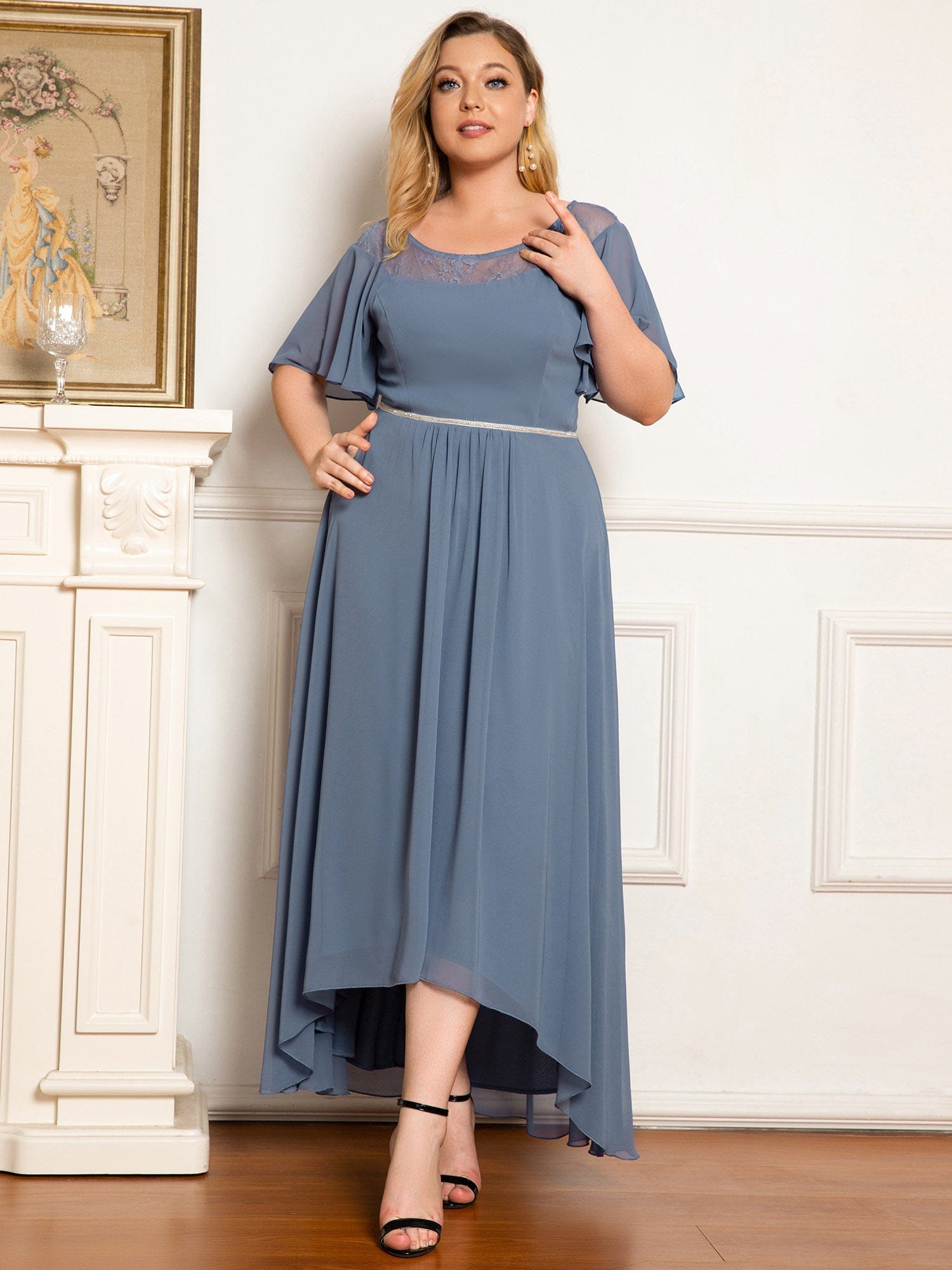 Chiffon Ruffle Sleeves Asymmetrical Hem Mother of the Bride Dress #color_Dusty Navy