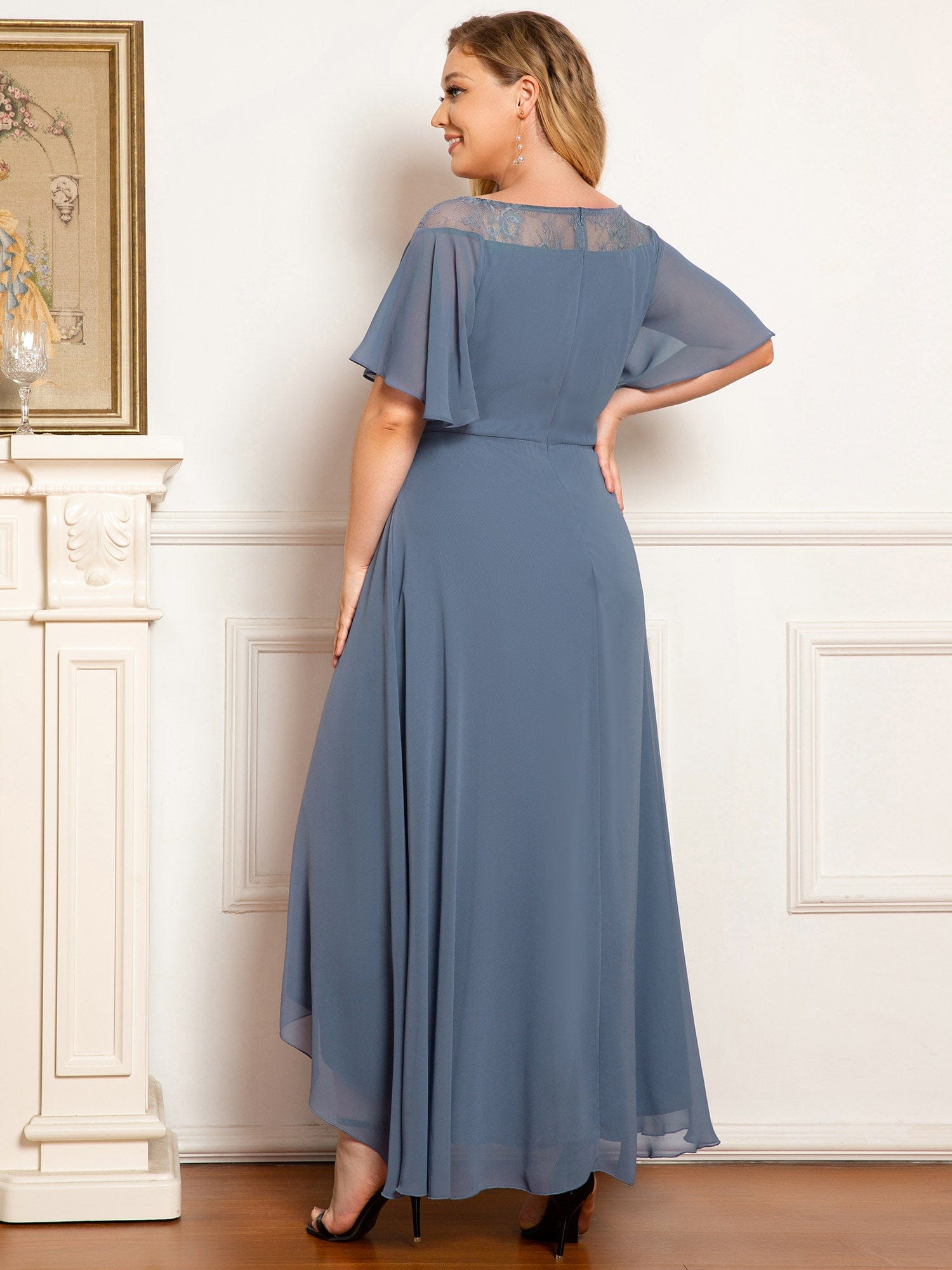 Chiffon Ruffle Sleeves Asymmetrical Hem Mother of the Bride Dress #color_Dusty Blue