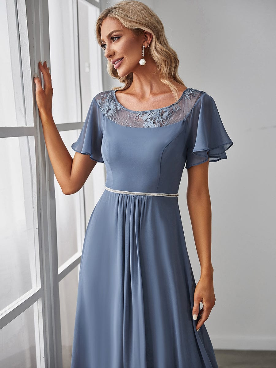 Chiffon Ruffle Sleeves Asymmetrical Hem Mother of the Bride Dress #color_Dusty Blue