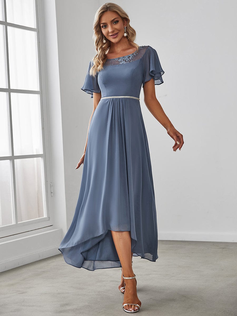 Chiffon Ruffle Sleeves Asymmetrical Hem Mother of the Bride Dress #color_Dusty Blue