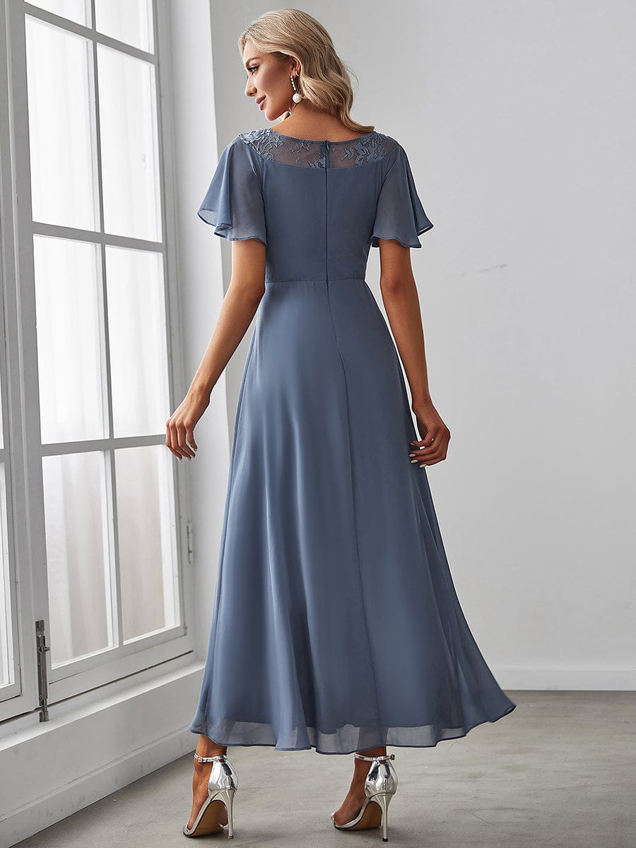 Chiffon Ruffle Sleeves Asymmetrical Hem Mother of the Bride Dress #color_Dusty Blue