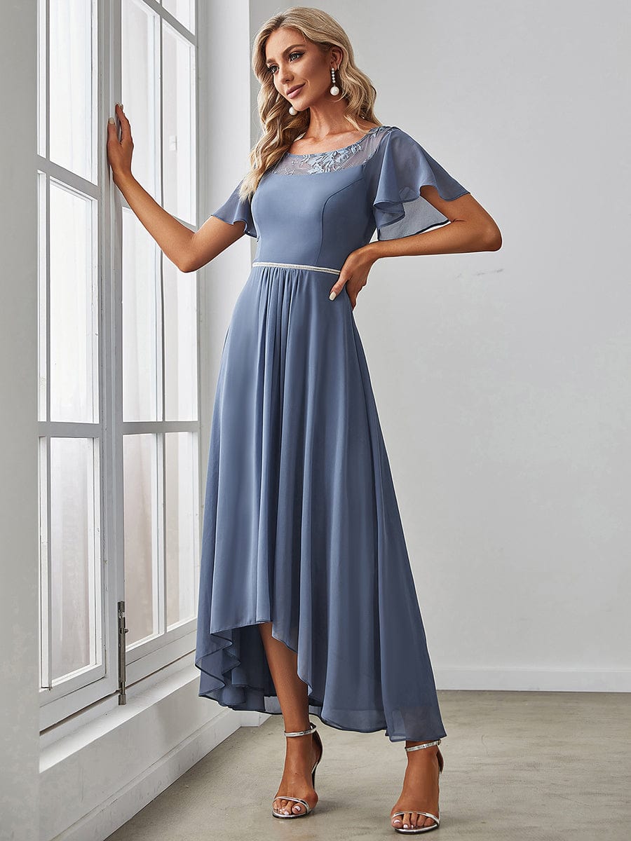 Chiffon Ruffle Sleeves Asymmetrical Hem Mother of the Bride Dress #color_Dusty Blue