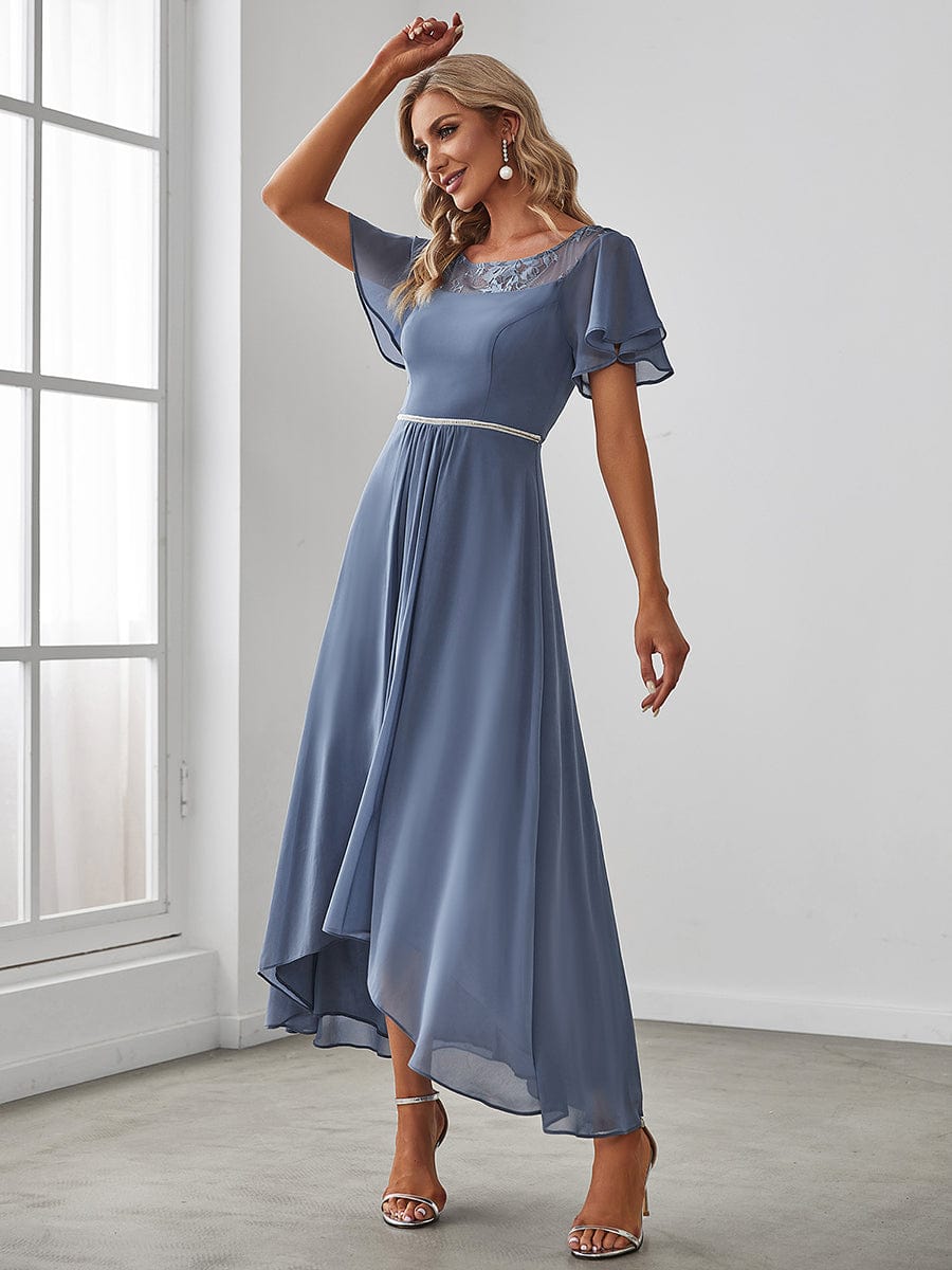 Chiffon Ruffle Sleeves Asymmetrical Hem Mother of the Bride Dress #color_Dusty Blue