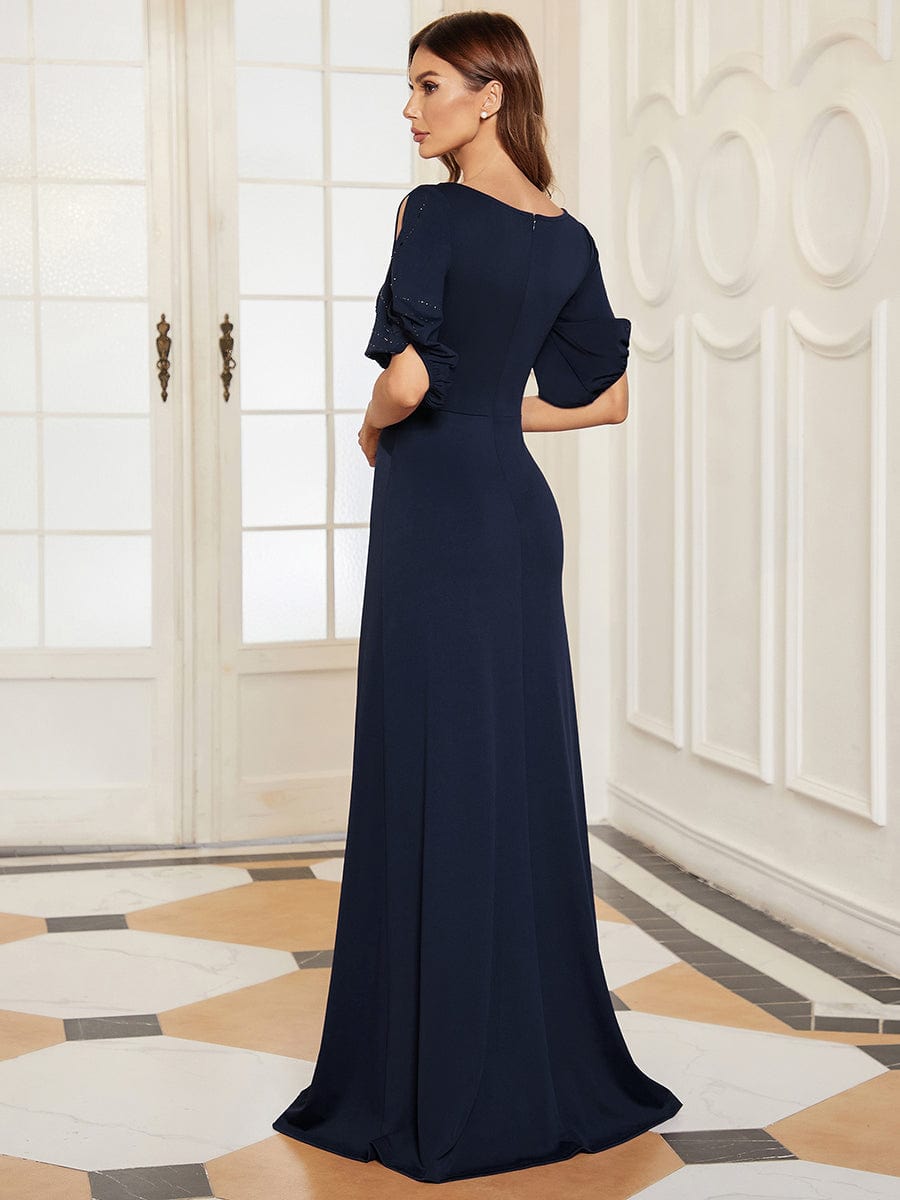 Trendy Round Neck Long Bodycon Evening Dress with Sleeves #color_Navy Blue