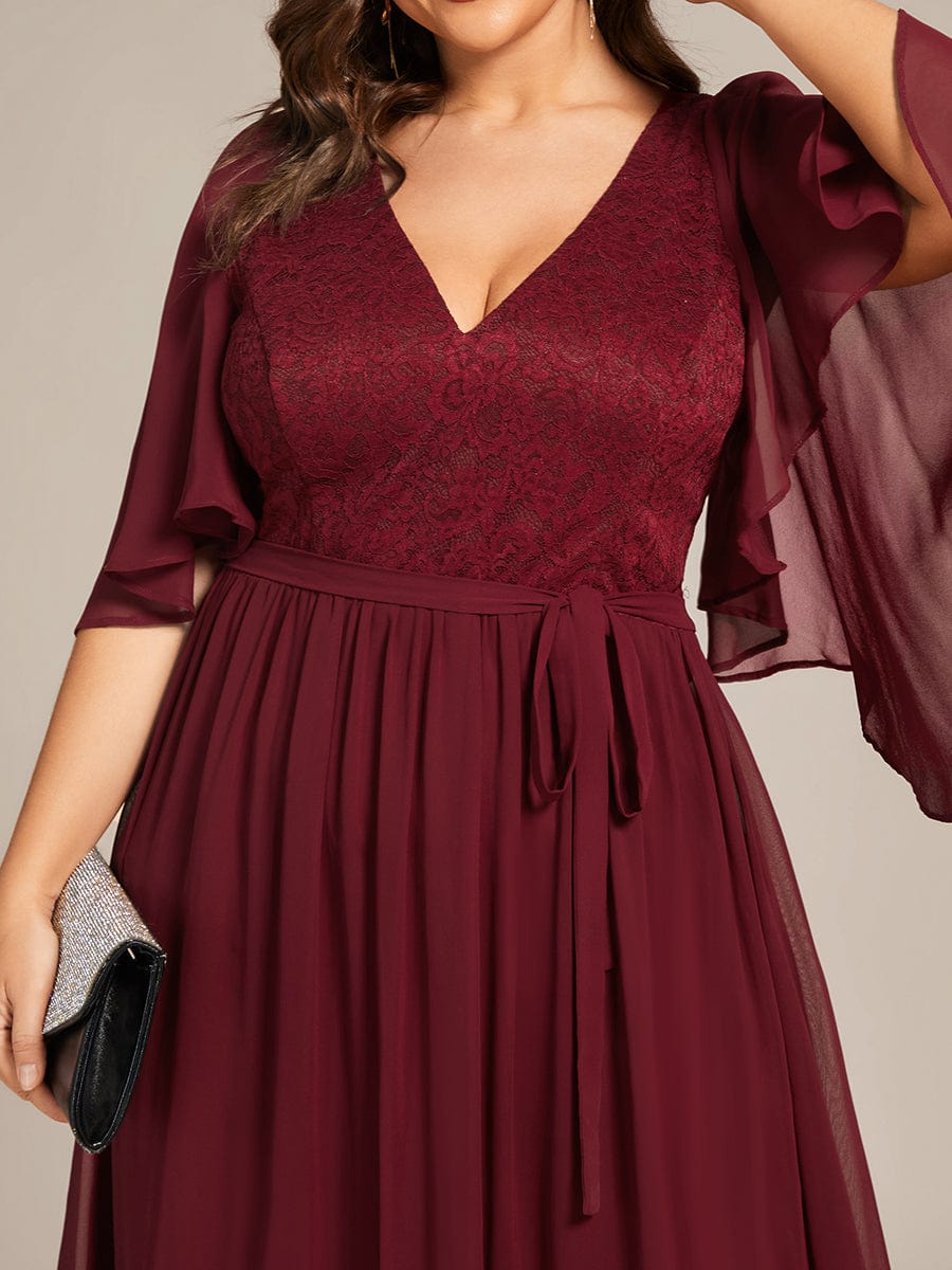 Custom Size Deep V Neck Lace Bodice Long Flowy Evening Dress #color_Burgundy