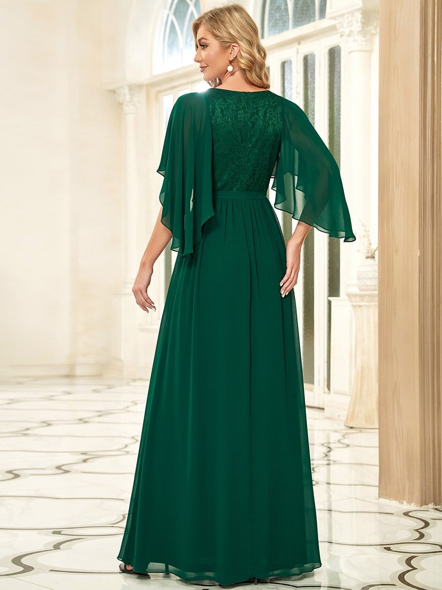 Deep V Neck Lace Bodice Long Flowy Evening Dress #color_Dark Green 