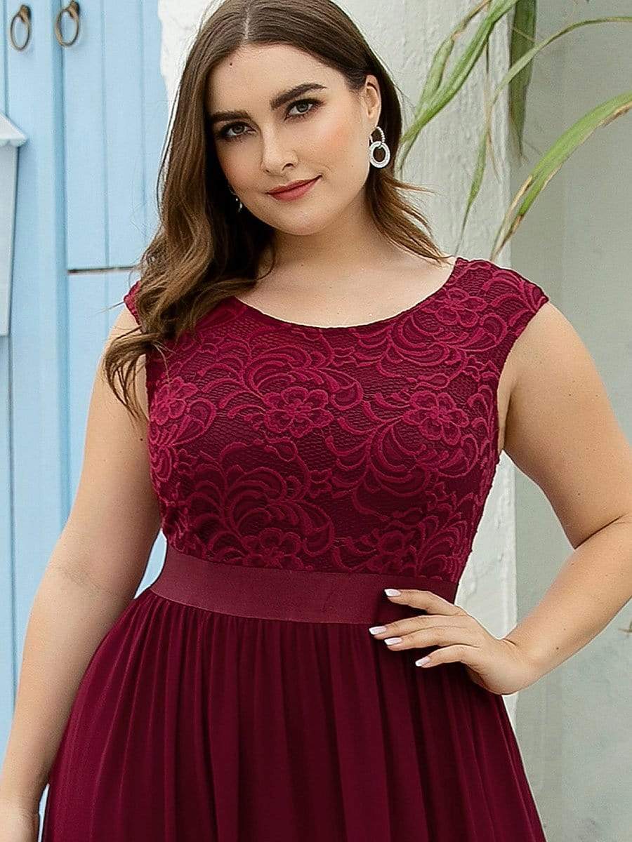 Classic Round Neck V Back Lace Bodice Bridesmaid Dress #color_Burgundy 