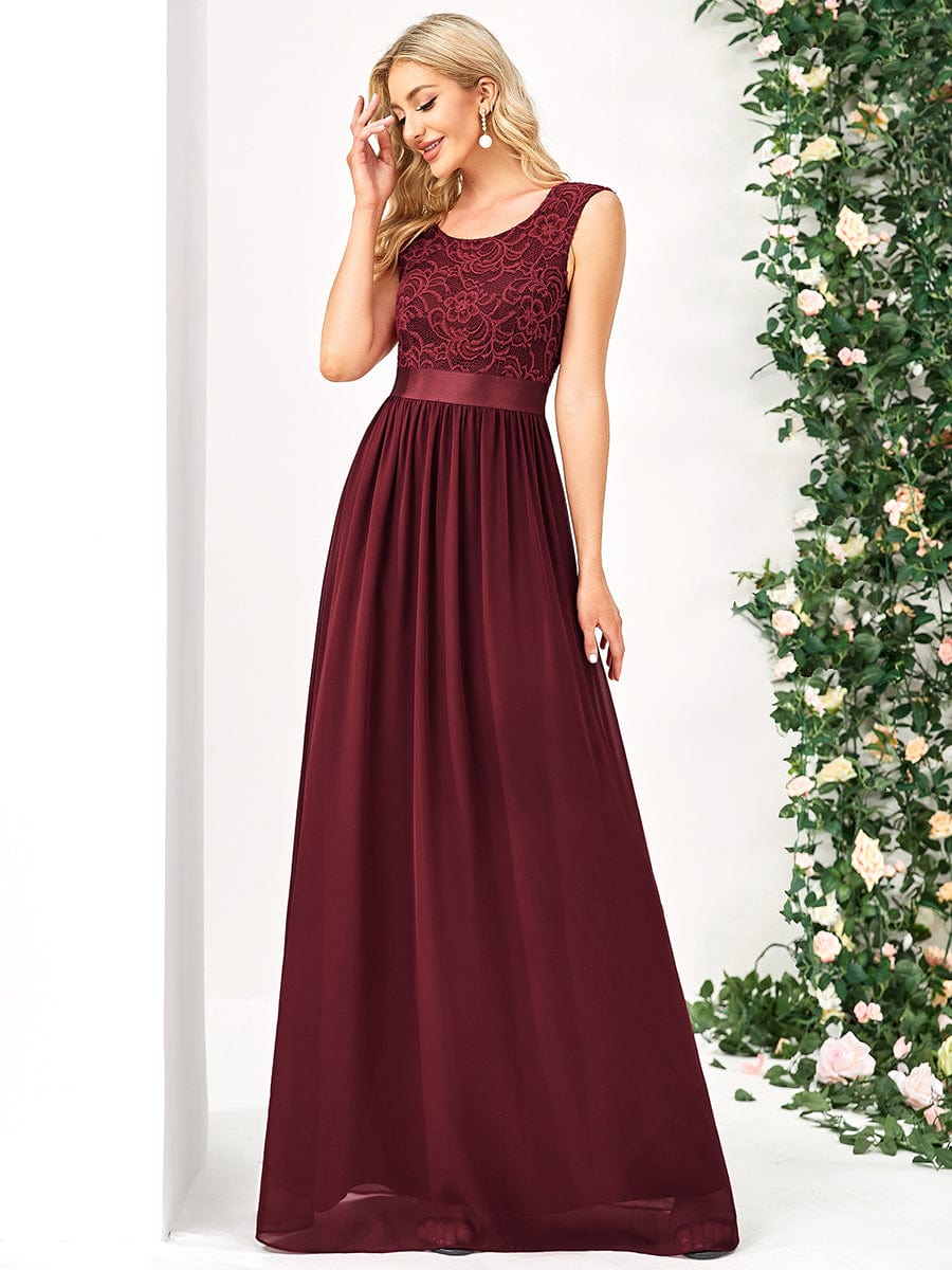 Classic Round Neck V Back Lace Bodice Bridesmaid Dress #color_Burgundy 