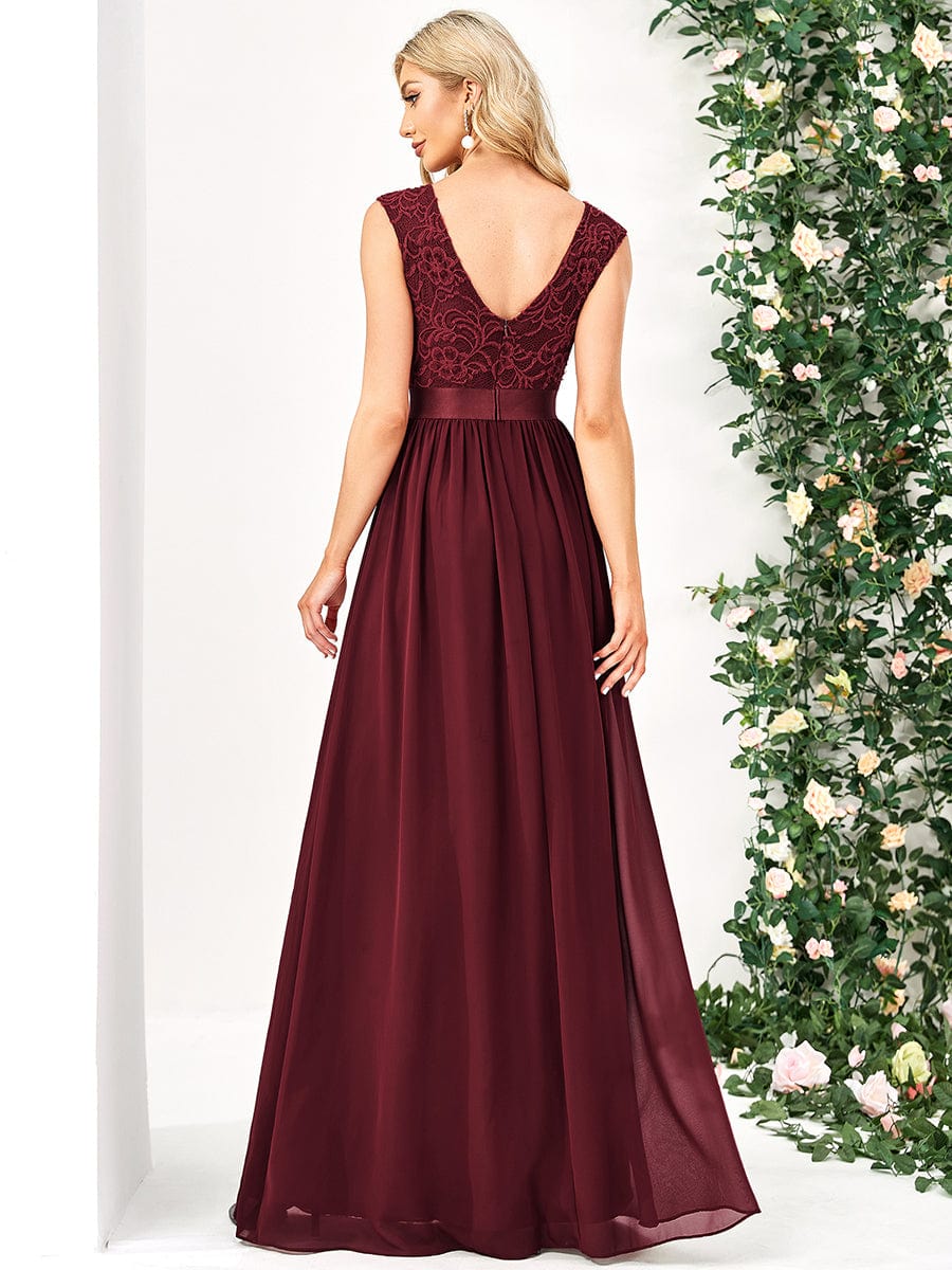 Classic Round Neck V Back Lace Bodice Bridesmaid Dress #color_Burgundy 