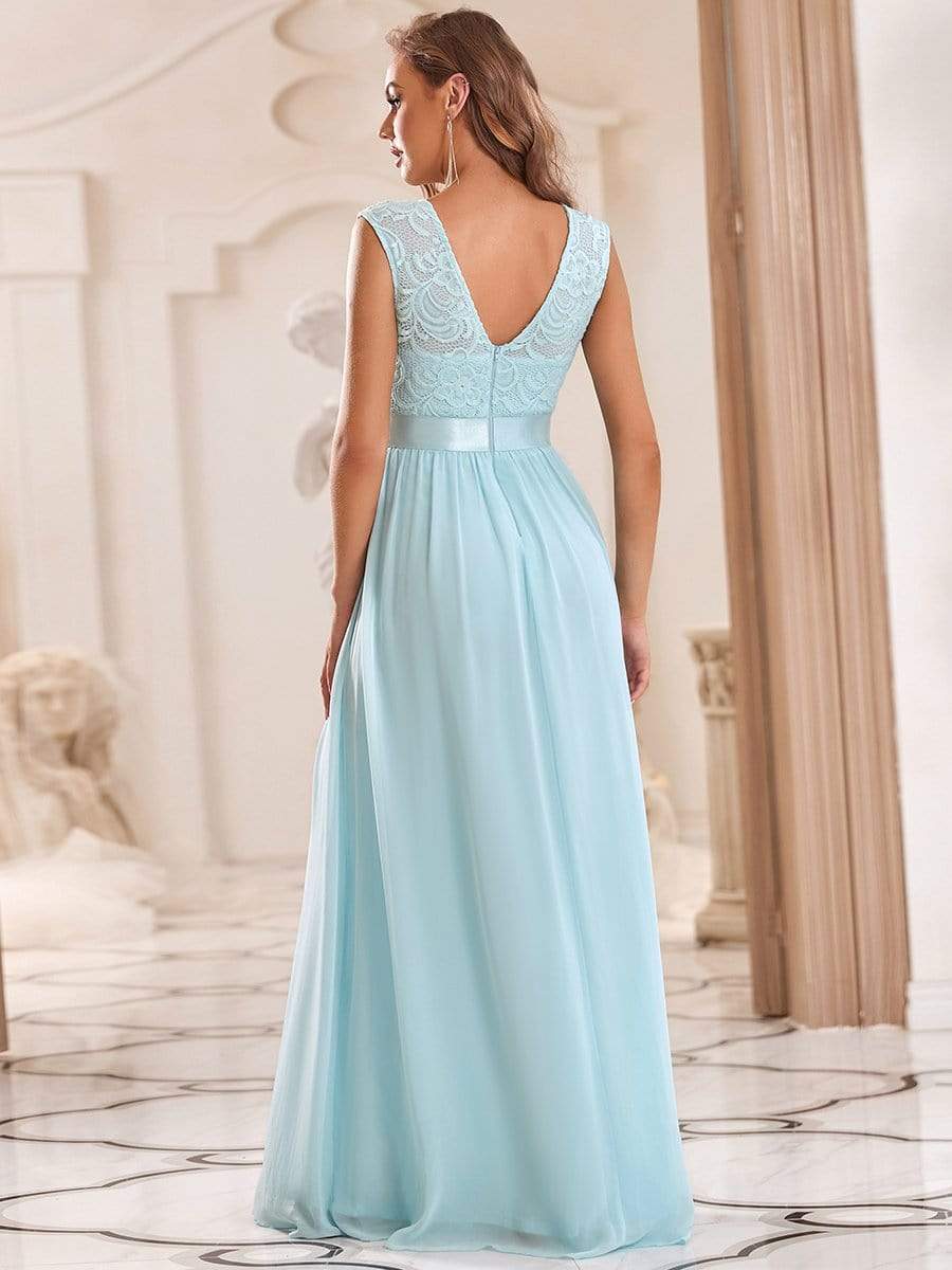 Classic Round Neck V Back Lace Bodice Bridesmaid Dress #color_Sky Blue 