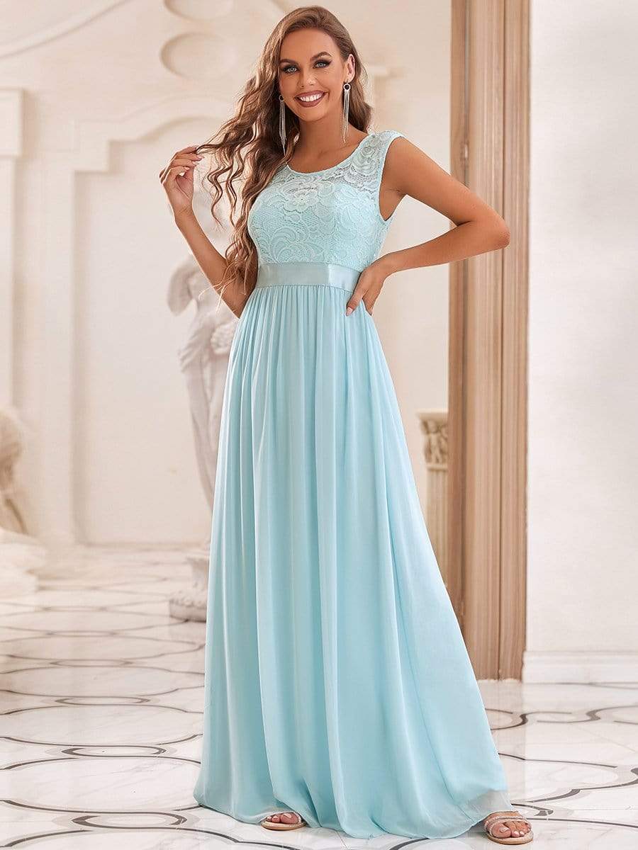 Classic Round Neck V Back Lace Bodice Bridesmaid Dress #color_Sky Blue 