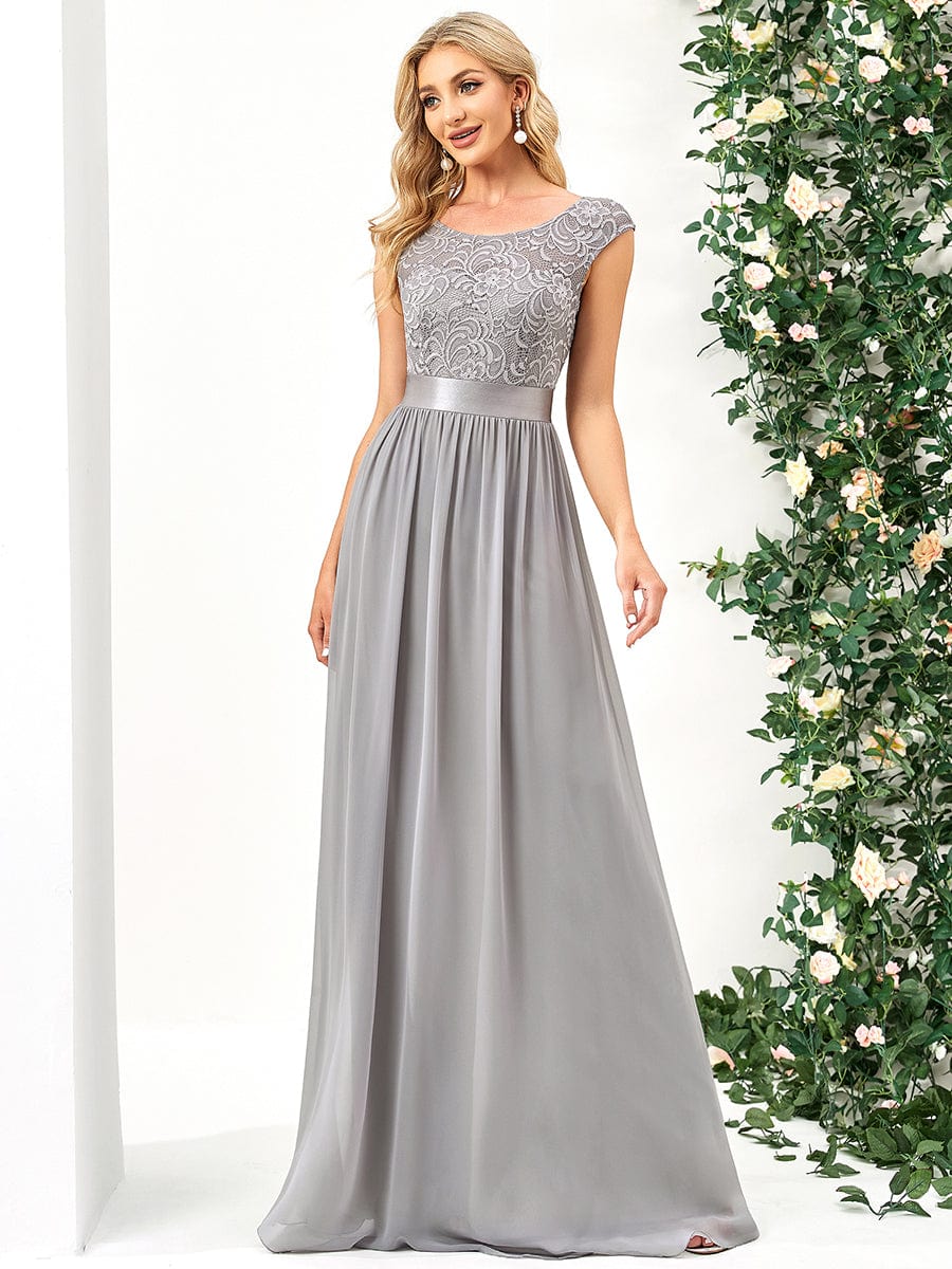 Classic Round Neck V Back Lace Bodice Bridesmaid Dress #color_Grey 