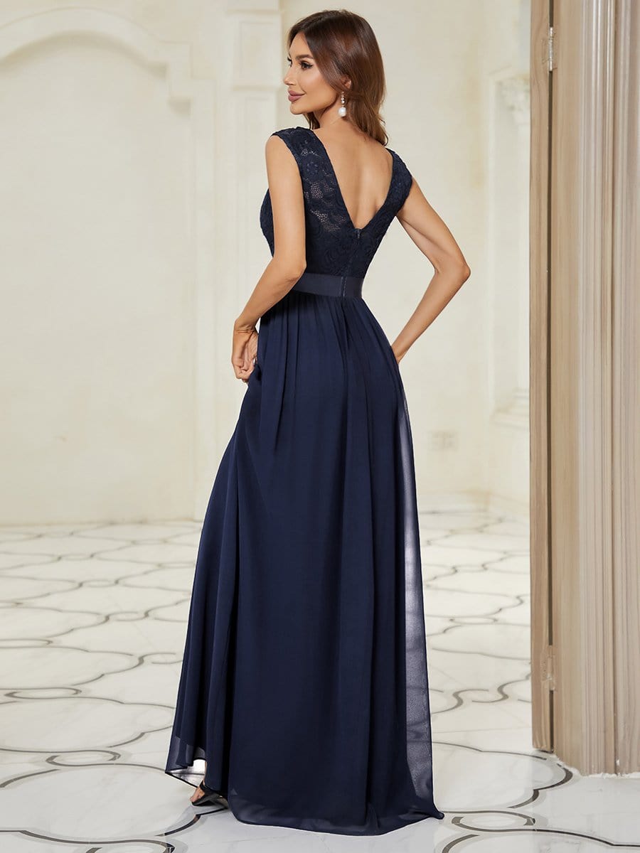 Classic Round Neck V Back Lace Bodice Bridesmaid Dress #color_Navy Blue 