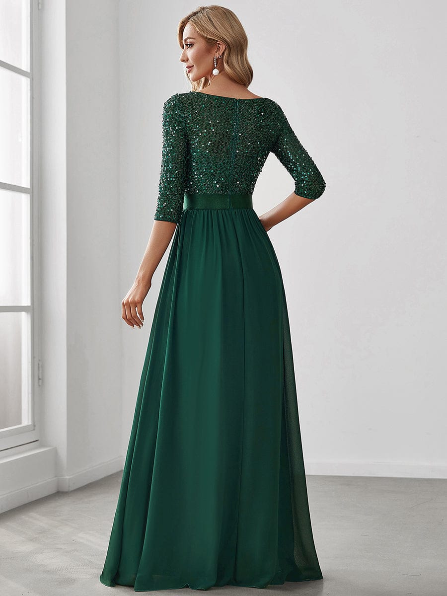 Elegant Round Neckline Long Sleeves Sequin Evening Dress #color_Dark Green 