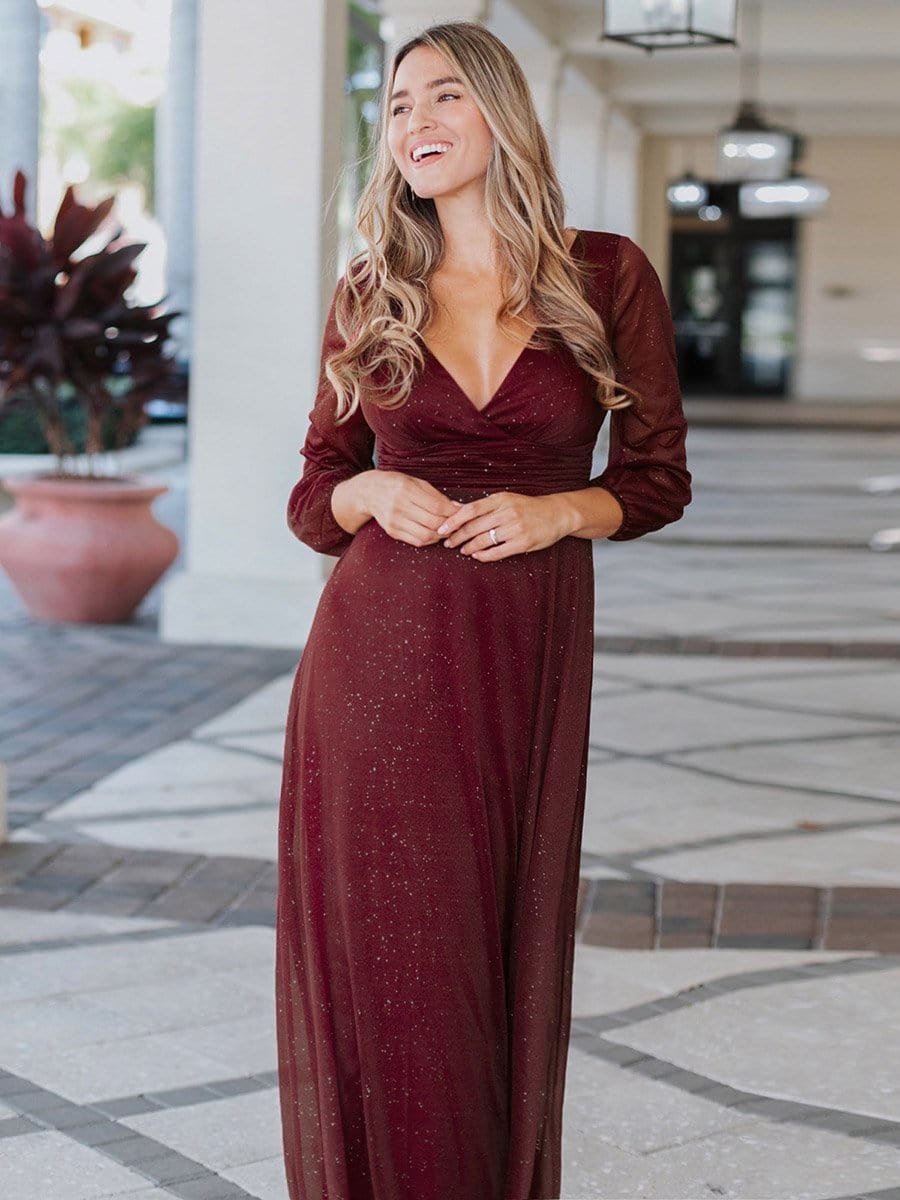 Women's Sexy Long Sleeve V-Neck Shiny Evening Dress #color_Burgundy 