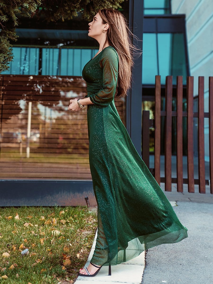 Women's Sexy Long Sleeve V-Neck Shiny Evening Dress #color_Dark Green 