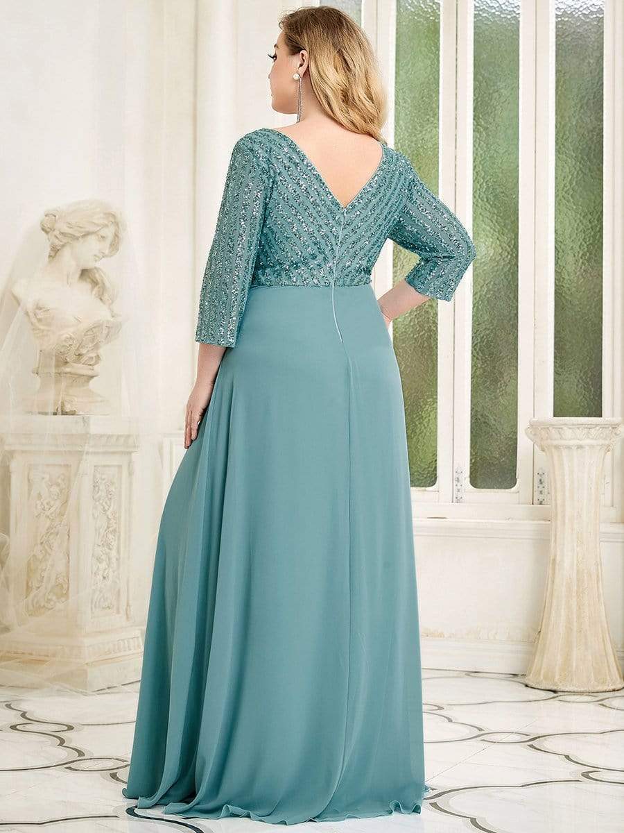 Custom Size V Neck A-Line Sequin Formal Evening Dress with Sleeve #color_Light Teal