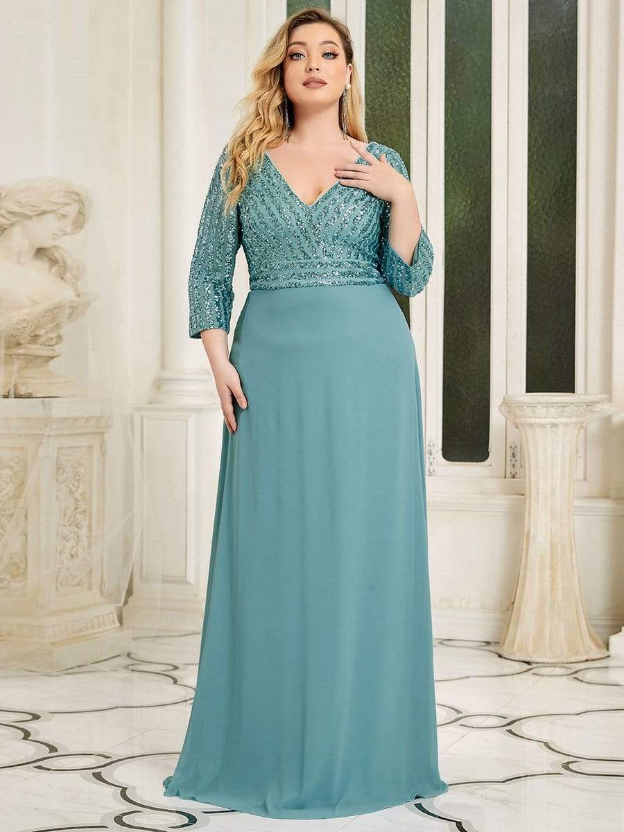 Custom Size V Neck A-Line Sequin Formal Evening Dress with Sleeve #color_Light Teal