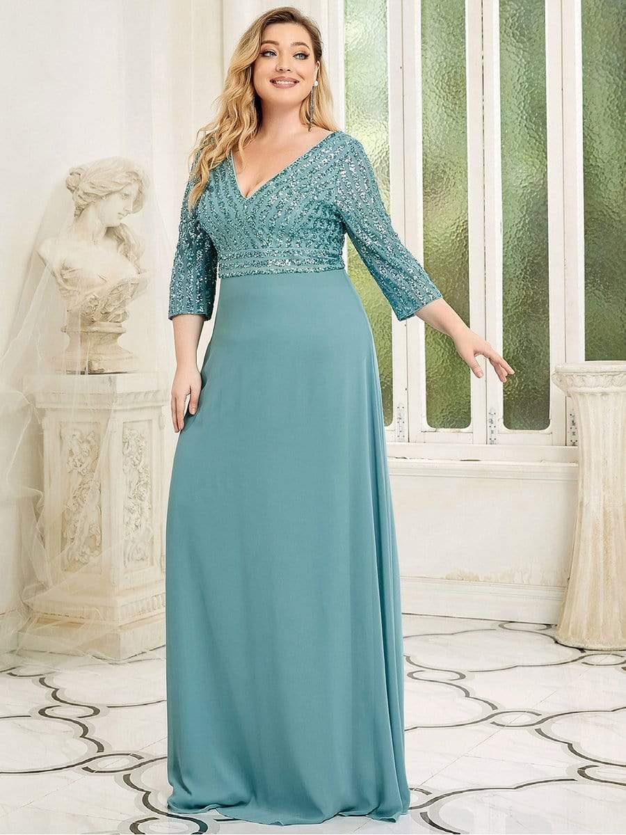 Custom Size V Neck A-Line Sequin Formal Evening Dress with Sleeve #color_Light Teal