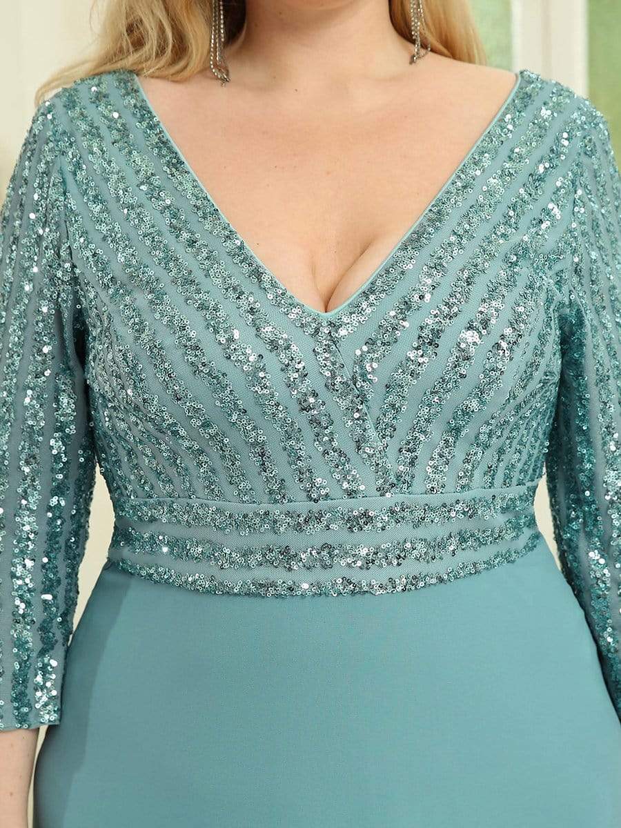 Custom Size V Neck A-Line Sequin Formal Evening Dress with Sleeve #color_Light Teal