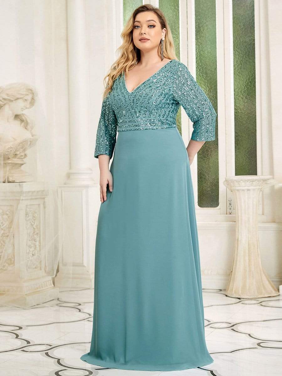 Custom Size V Neck A-Line Sequin Formal Evening Dress with Sleeve #color_Light Teal