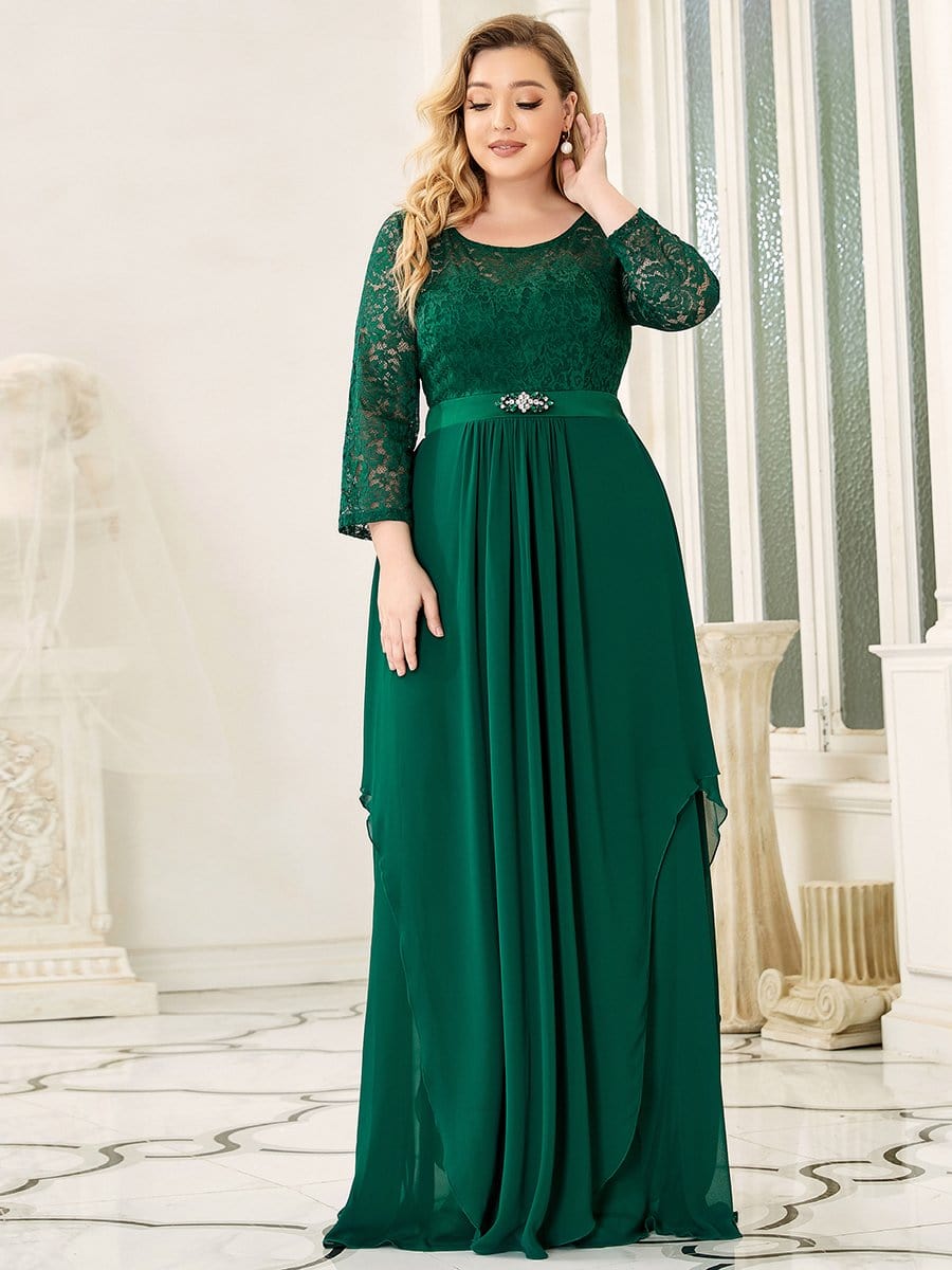 Classic Floral Lace Bridesmaid Dress with Long Sleeve #color_Dark Green 
