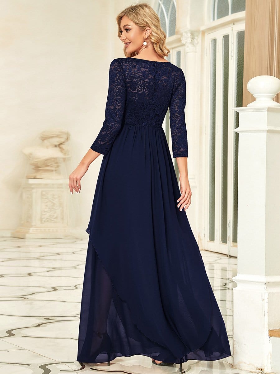 Classic Floral Lace Bridesmaid Dress with Long Sleeve #color_Navy Blue 