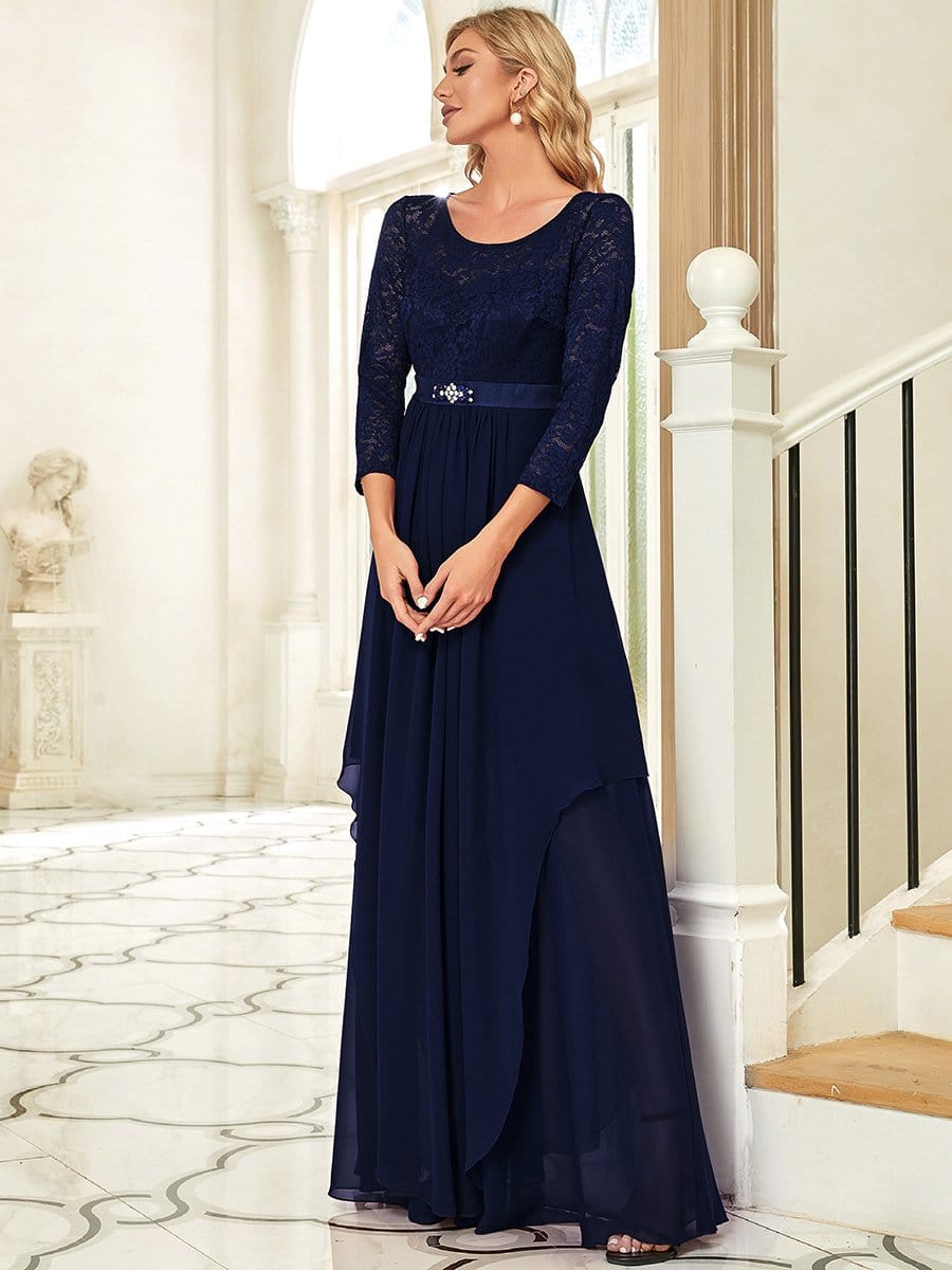 Classic Floral Lace Bridesmaid Dress with Long Sleeve #color_Navy Blue 