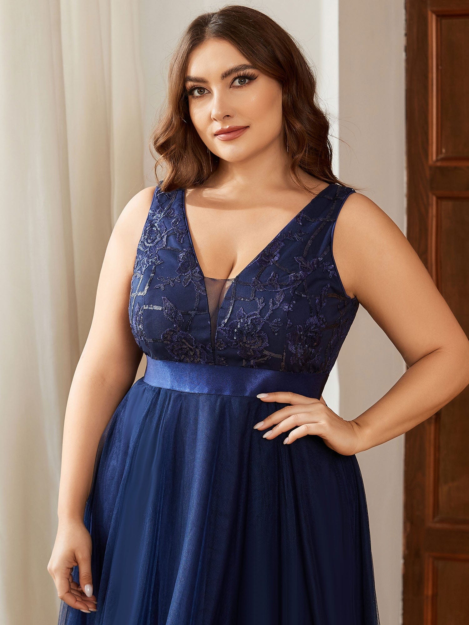 Plus Size Sequin High-Low Deep V Neck Tulle Evening Dresses #color_Navy Blue