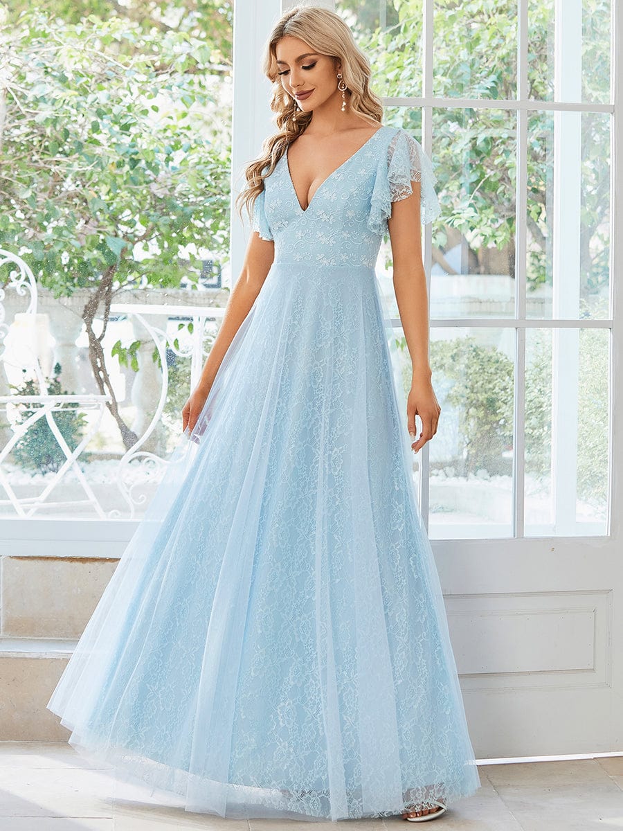 Double V Neck Long Lace Evening Dress with Ruffle Sleeves #color_Sky Blue