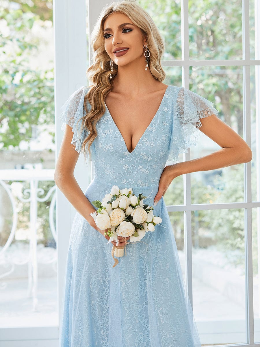 Double V Neck Long Lace Evening Dress with Ruffle Sleeves #color_Sky Blue