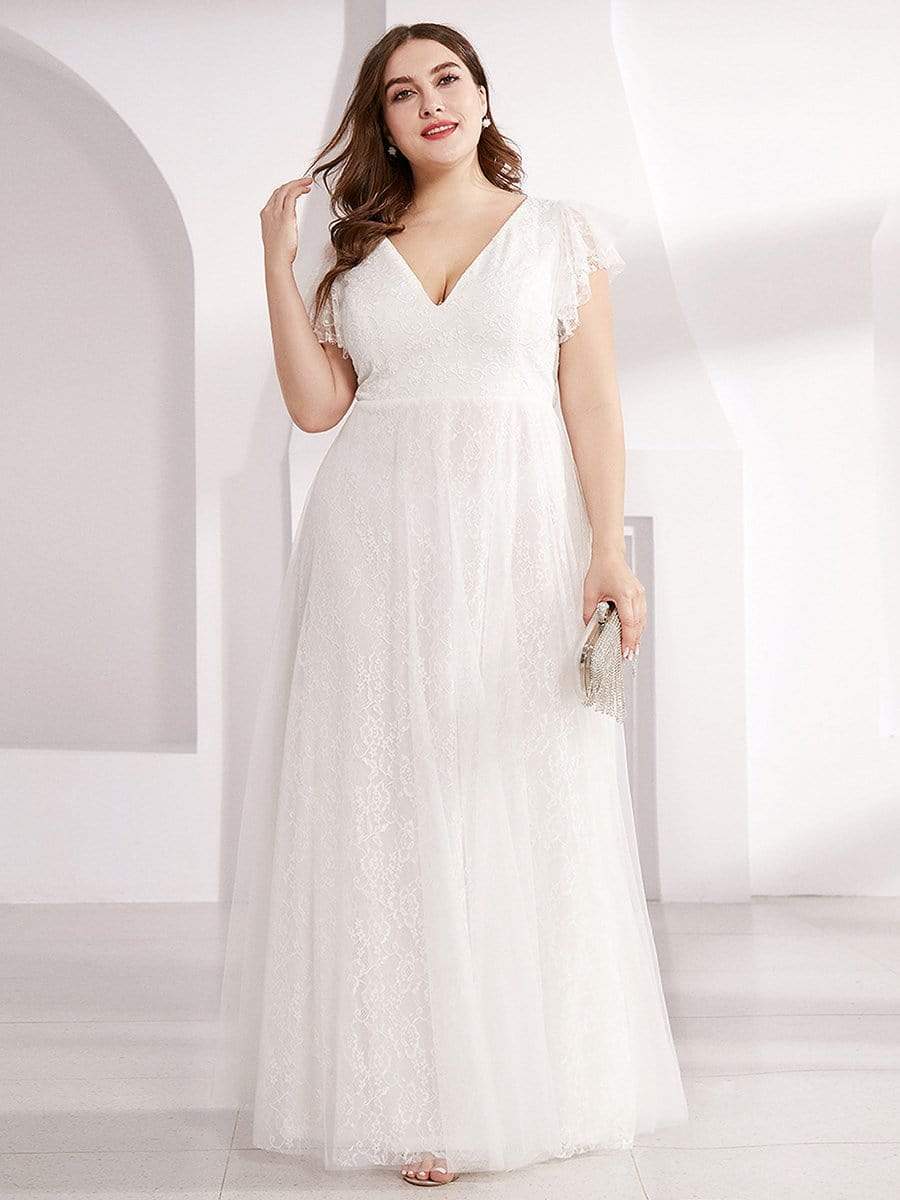 Double V Neck Long Lace Evening Dress with Ruffle Sleeves #color_White