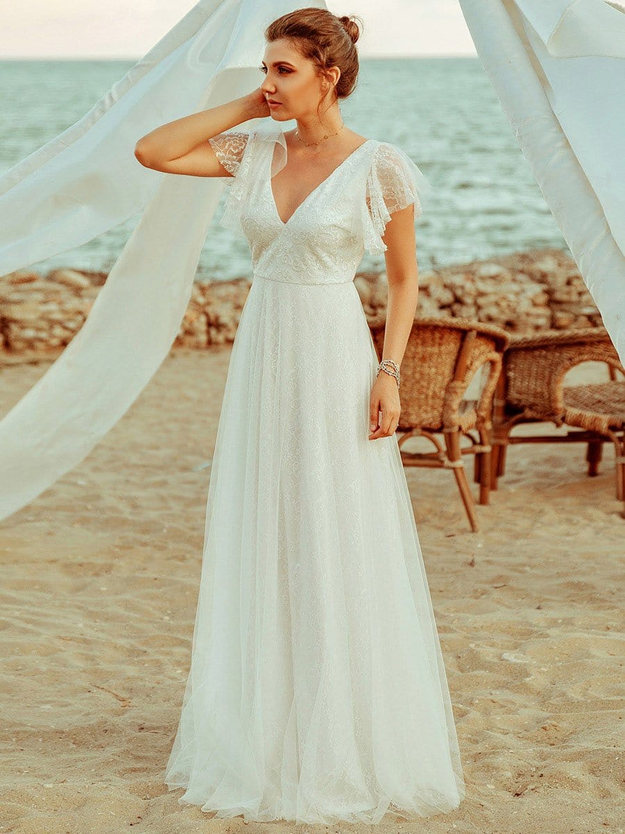 Elegant Maxi Lace Elopement Wedding Dress with Ruffle Sleeves #color_White