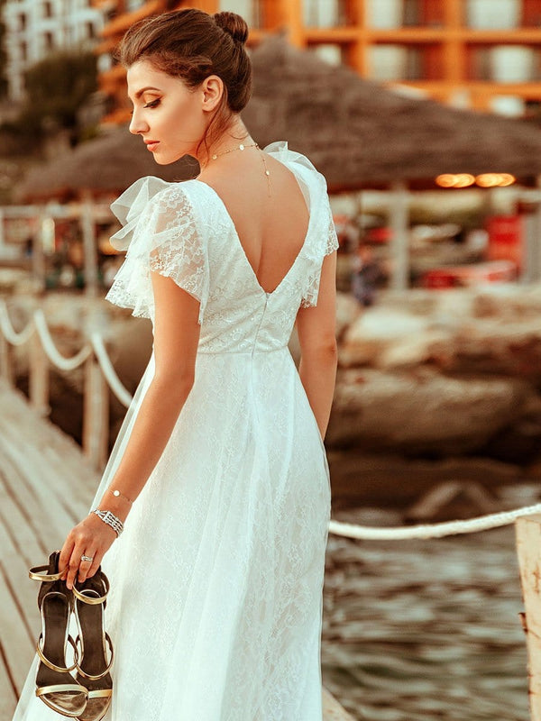 Lace Applique White Simple A Line Elopement Dress for Beach Wedding ...