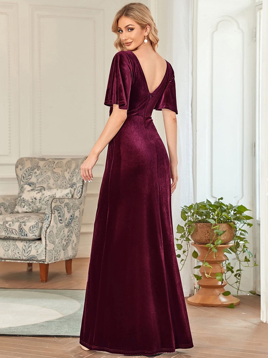 Elegant Double V Neck Velvet Party Dress with Sleeves #color_Burgundy