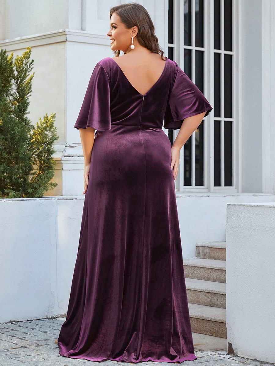 Elegant Double V Neck Velvet Party Dress with Sleeves #color_Dark Purple 
