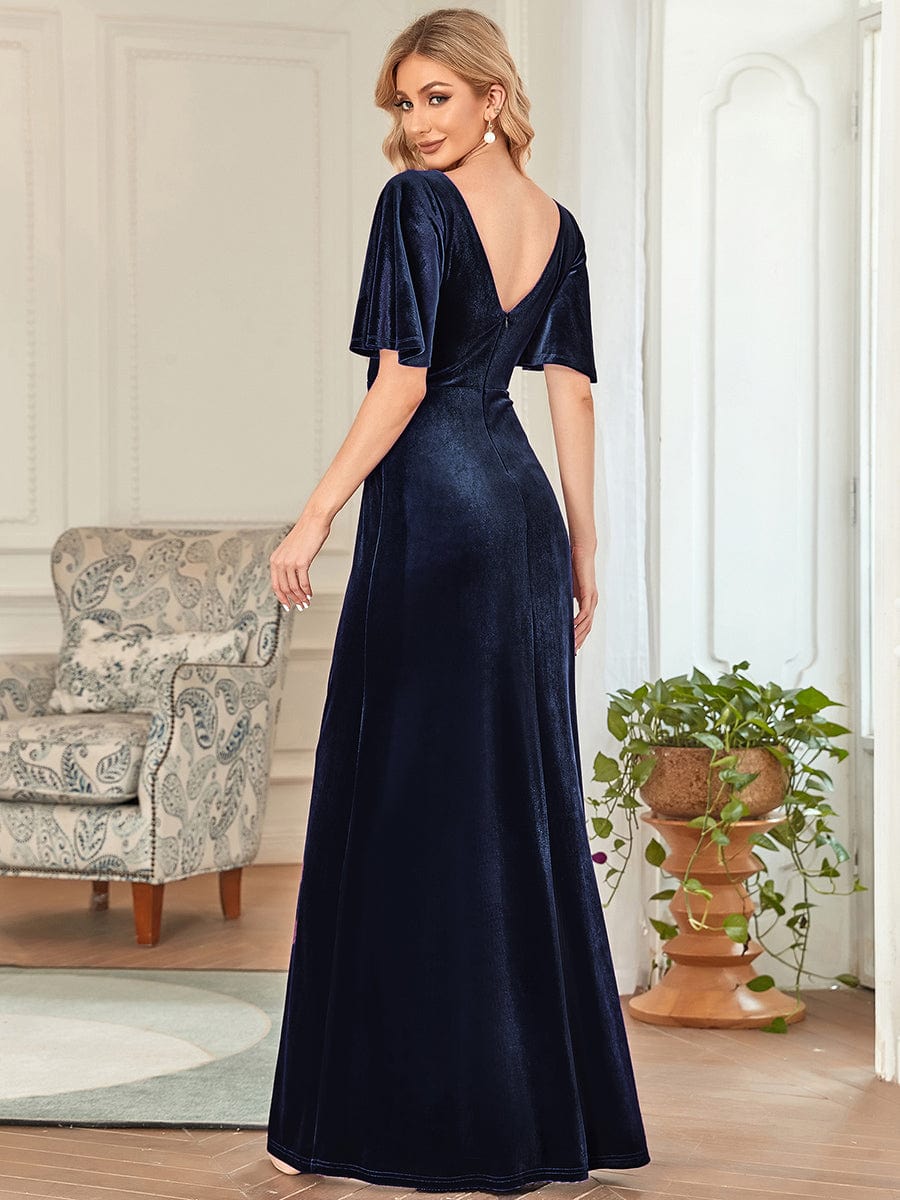 Elegant Double V Neck Velvet Party Dress with Sleeves #color_Navy Blue