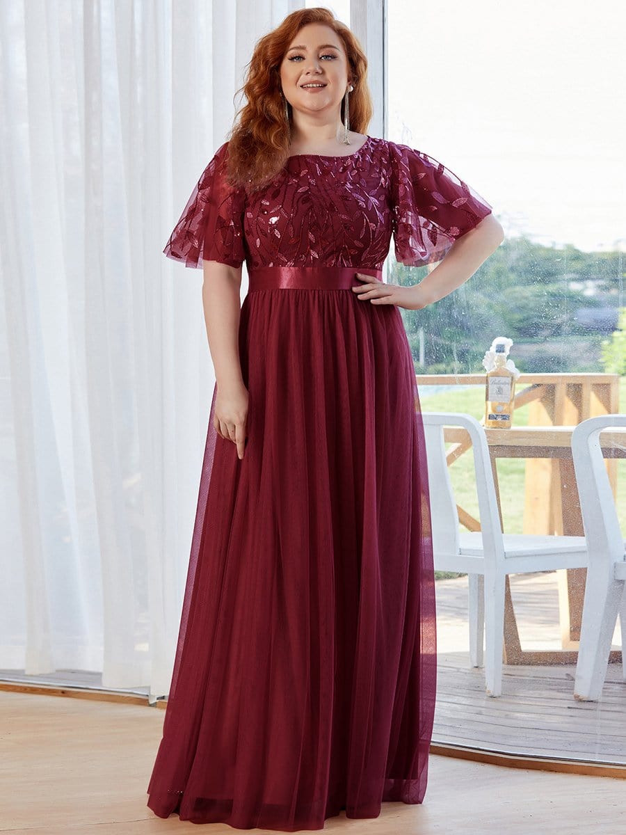 Plus Size Sequin Bodice Long Formal Evening Dresses #color_Burgundy 