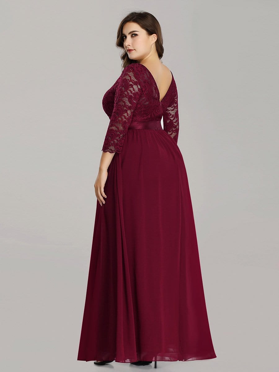 See-Through Floor Length Lace Chiffon Evening Dress with Half Sleeve #color_Burgundy