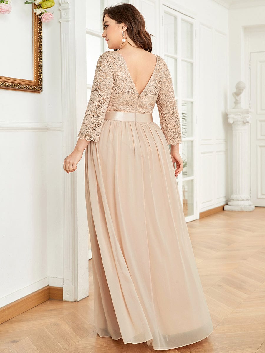 See-Through Floor Length Lace Chiffon Evening Dress with Half Sleeve #color_Blush