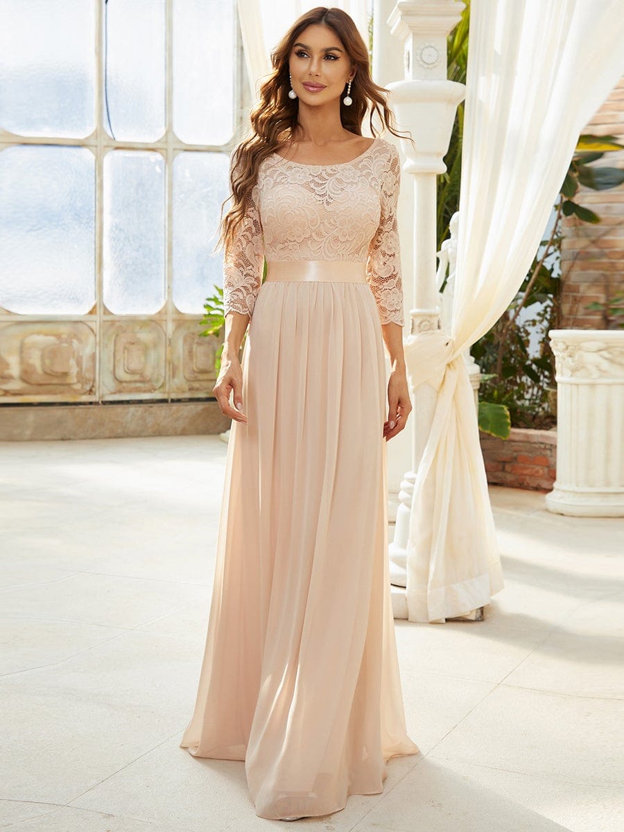 See-Through Floor Length Lace Chiffon Evening Dress with Half Sleeve #color_Blush 