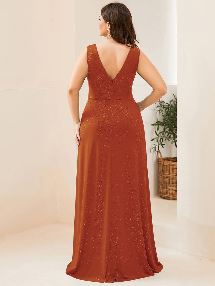 Floor Length V Neck Shiny Evening Dress with Side Split #color_Burnt Orange