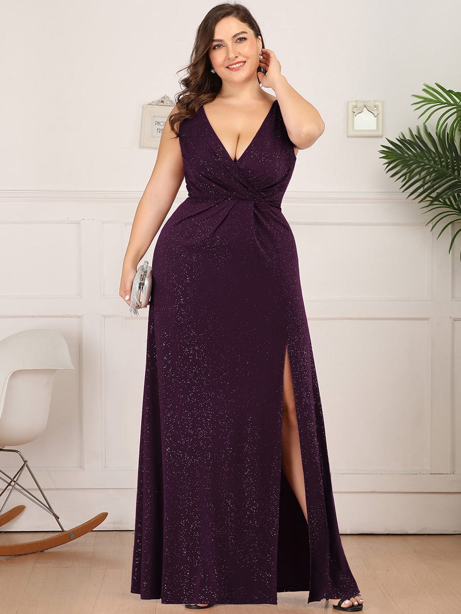 Floor Length V Neck Shiny Evening Dress with Side Split #color_Dark Purple