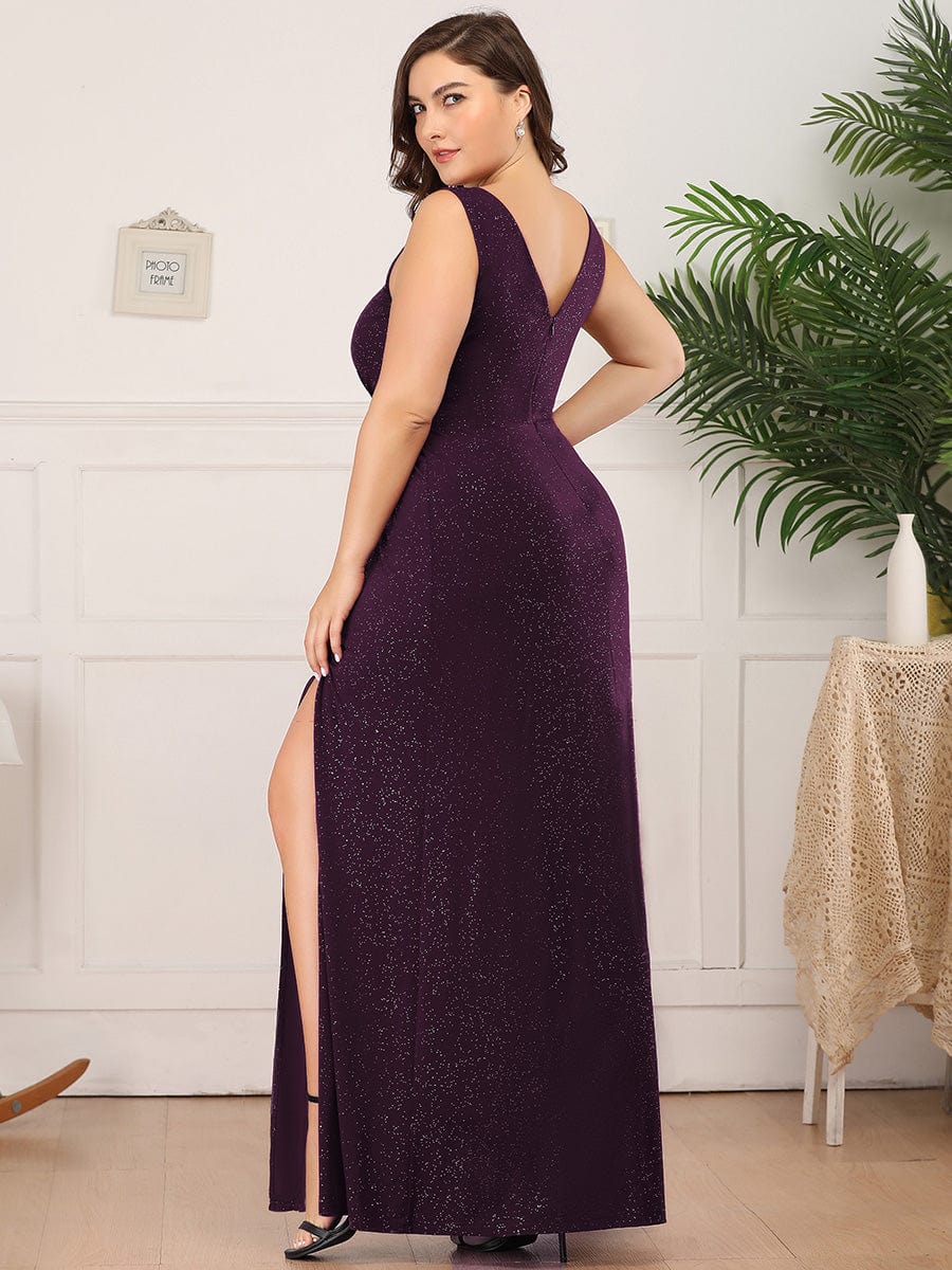 Plus Size Shiny V Neck Side Split Formal Evening Dress #color_Dark Purple