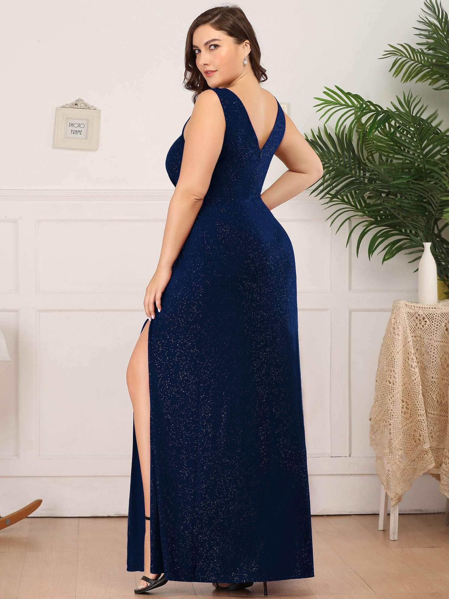 Floor Length V Neck Shiny Evening Dress with Side Split #color_Navy Blue 