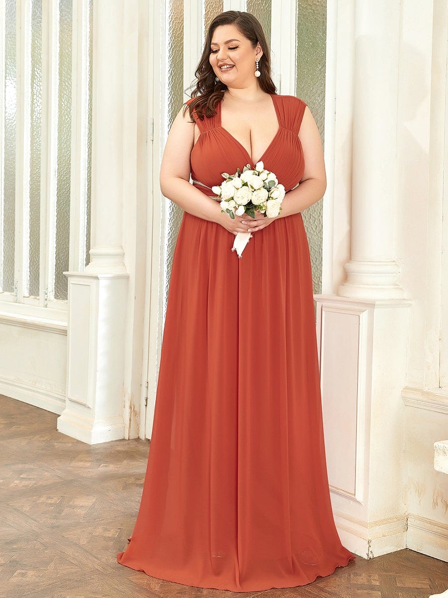 Plus Size Sleeveless Beaded Belt Chiffon Formal Summer Dresses #color_Burnt Orange 